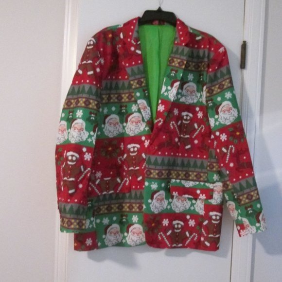 Red & Green Fair isle Santa Reindeer Christmas Blazer Jacket Sport Coat sz XL - Picture 1 of 5